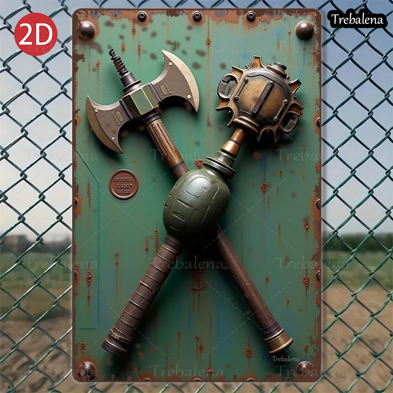 

1PC 2D Flat 8*12inch Metal Sign Rustic Axe and Mace Vintage Metal Sign Art Decor