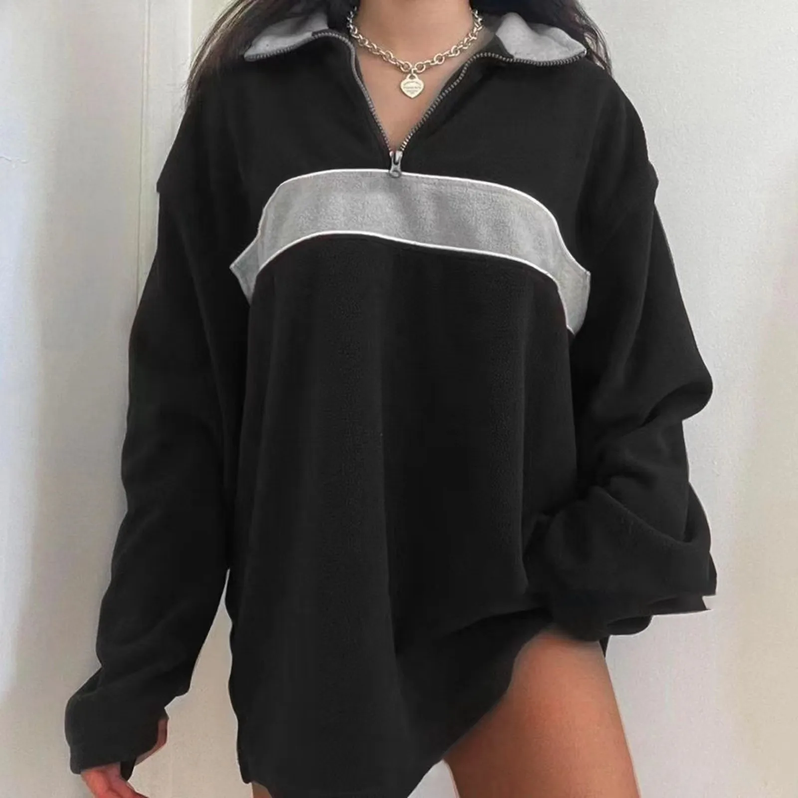 

Ladies Vintage Hoodie Y2k Women Patchwork Turn Down Collar Long Sleeve Tops 2000s Aesthetic Clothes Pullover Streetwear Outfit