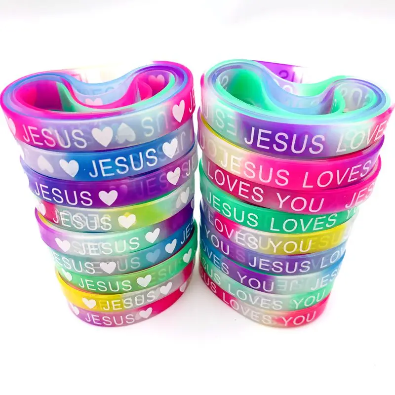 20pcs Natural Silicone Bangle Bracelets Jesus Loves You Religious Fashion Jewelry Wristbands