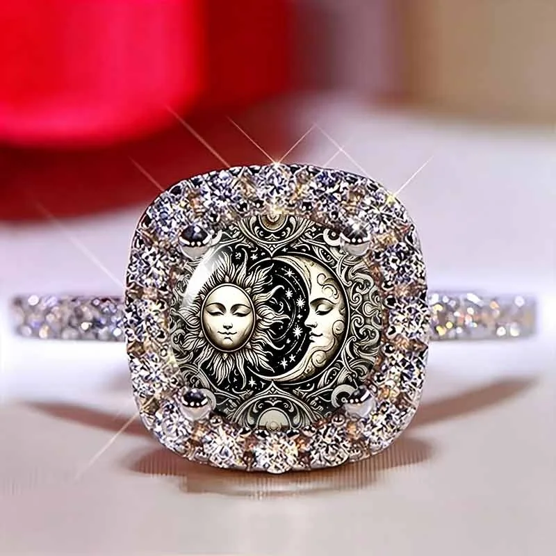 1 portrait sun pattern ring inlaid with synthetic zircon, suitable for daily wear and can be used as an exquisite holiday gift