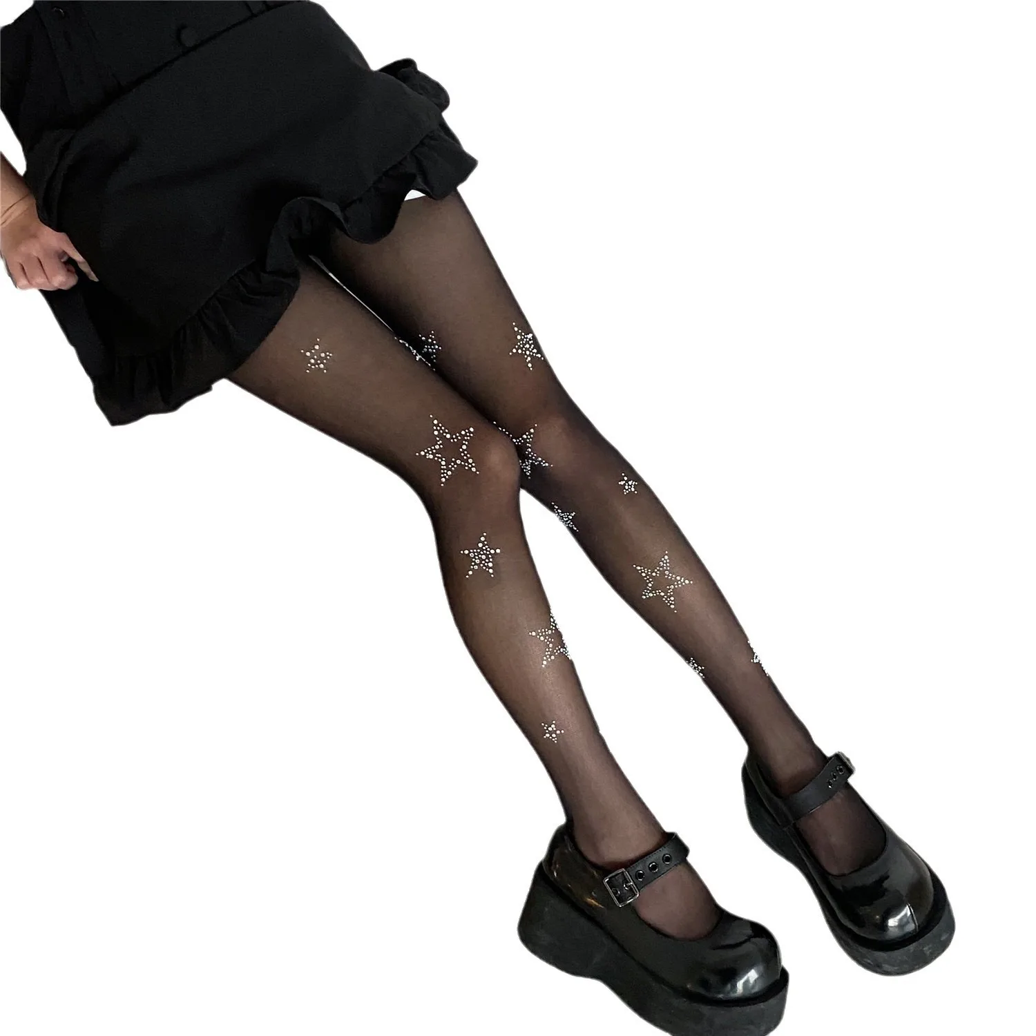 

Sexy Diamond-studded Stars Tights Woman Black Beige Medias Socks Transparent Thin Y2K Pantyhose Party Club Stockings.