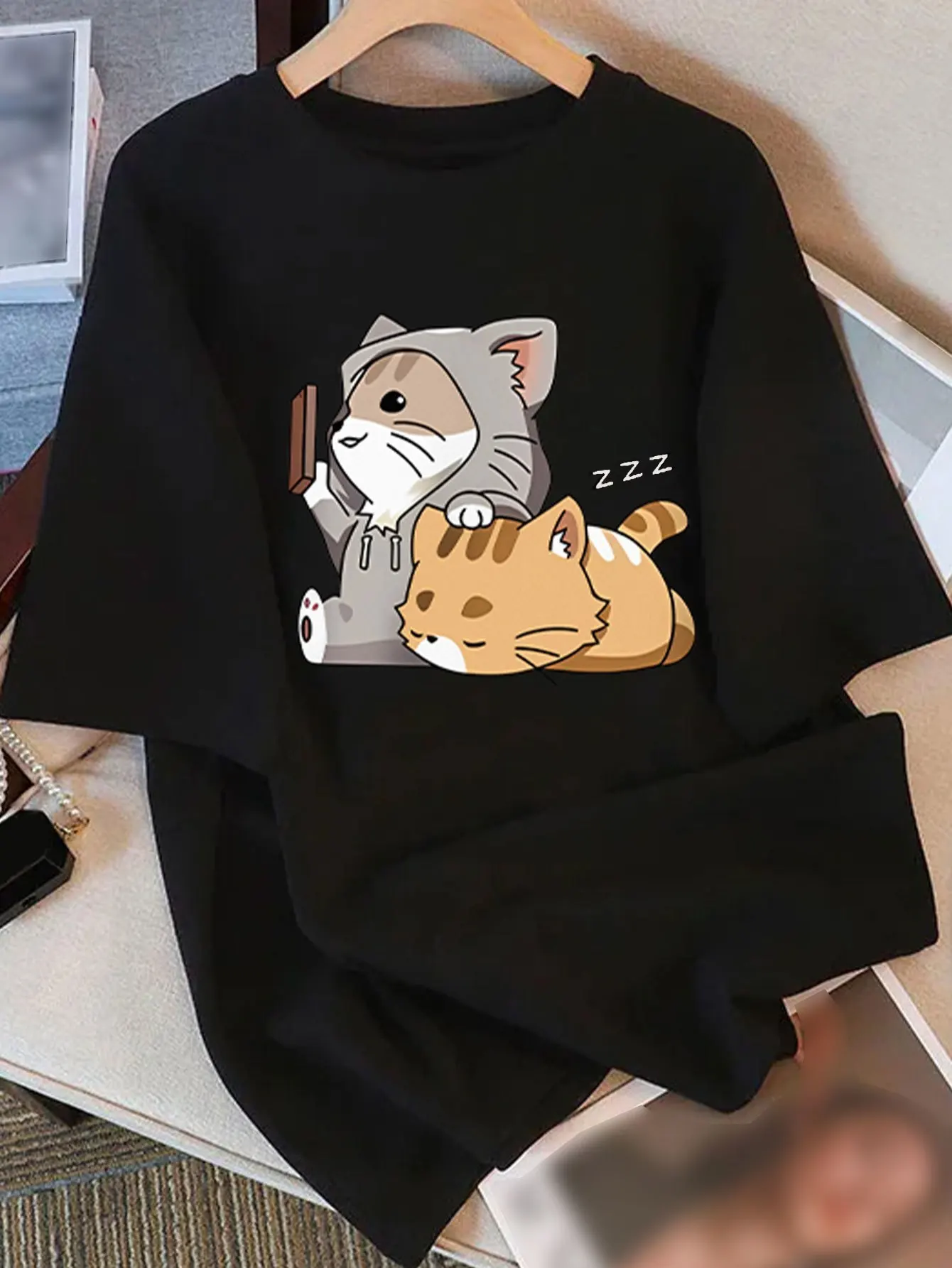 Odzież damska koszulka z krótkim rękawem dla kobiet uroczy nadruk z kreskówkowym kotem okrągły dekolt codzienna i uniwersalna