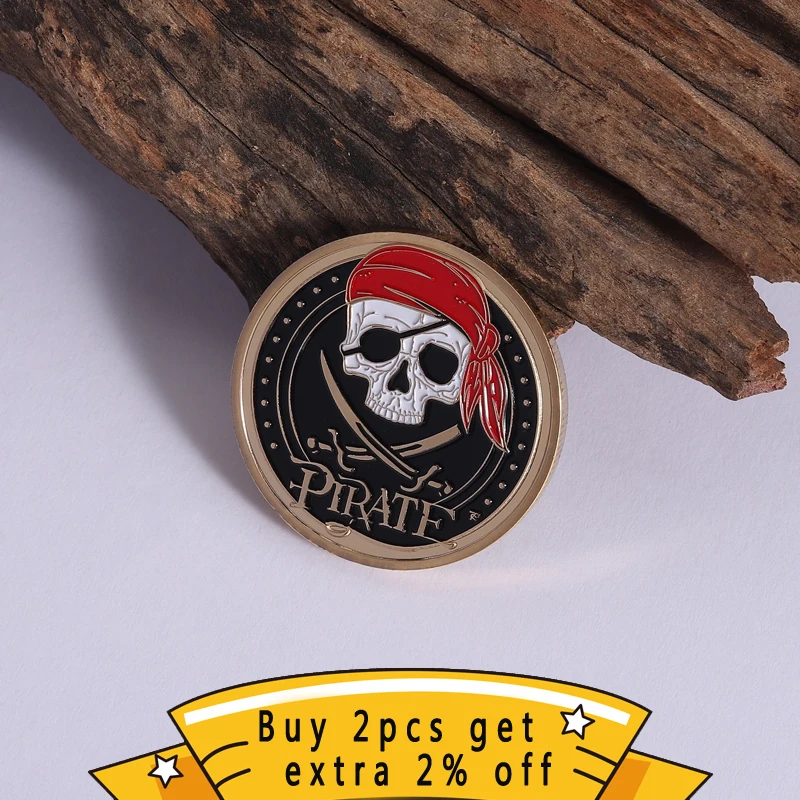 Pirate Theme Commemorative Coin Skull Bandana Sword & Treasure Map Compass Design for Adventure Culture Collection Decoration