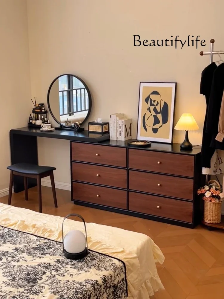 

Solid wood dresser chest integrated retro walnut black bedside storage cabinet retractable makeup table