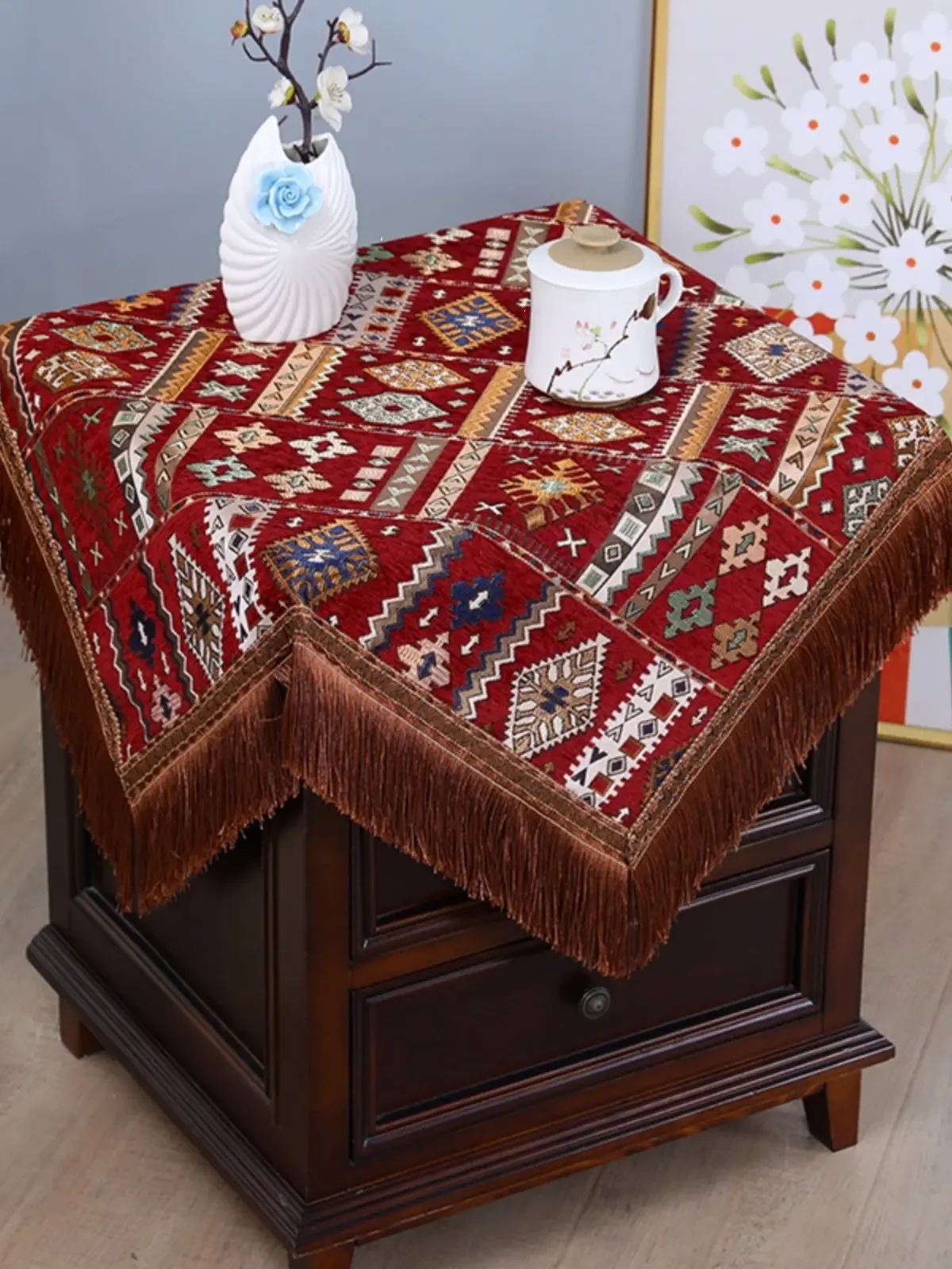 American-style Retro Tassel Embroidery Bedside Table Cover Luxury Multi-purpose Dust-proof Protective Cover Square Tablecloth