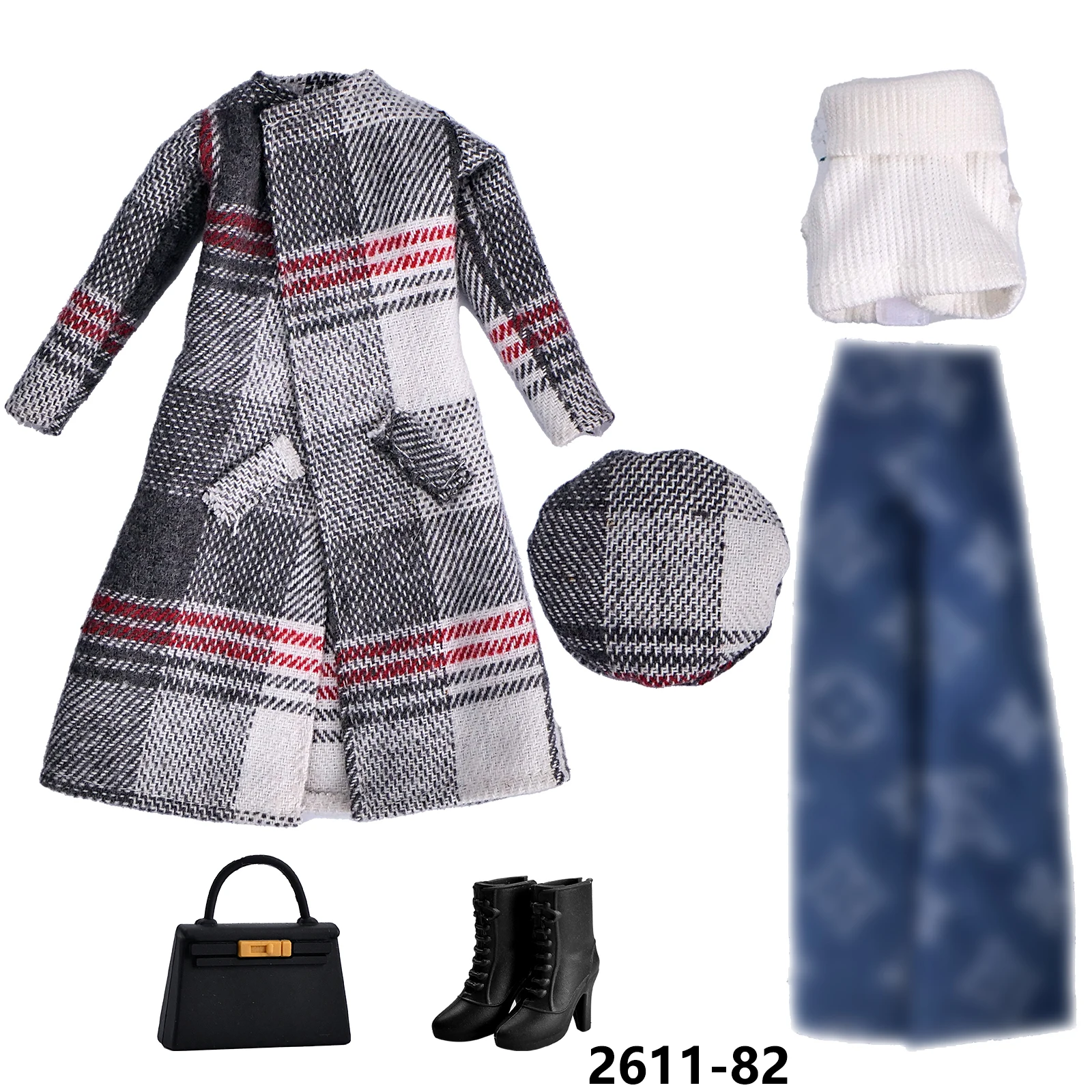 Winter Retro Fashion Plaid Coat+White Knitted Vest+Denim Pants+Shoes+Handbag Set For 1/6 Babi Xianxian Supermodel Doll Clothes