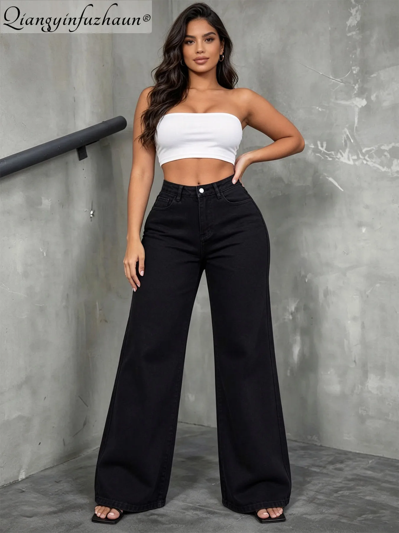 Washed black straight-leg women's high-waisted slimming pants, 2026 new style, versatile and loose-fitting, comfortable denim lo