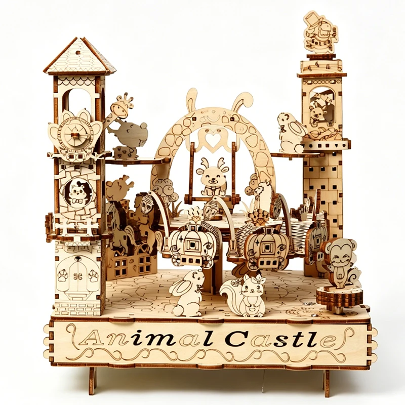 Electric Zoo Animal Castle 3D Wooden Puzzle Turntable Music Model Mechanical Kits Rotatable DIY Decor Toys Gifts for Teens Adult