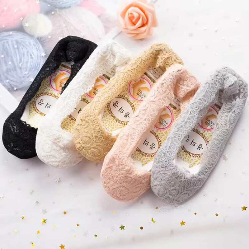 5 Pairs Women Sock Summer Solid Color Lace Shallow Mouth Silicone Anti-Shedding Sole Anti-Slip Casual Breathable Invisible Socks