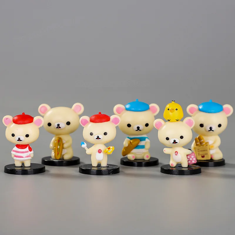 Figurine d'action Rilakkuma Korilakkuma, 6 pièces, Kawaii, ours facile, Mini ornements, poupée paresseuse, jouets, Micro décoration de paysage