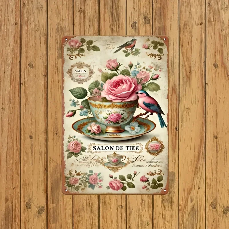 [Vintage Metal Sign]  Vintage French Tea Cup & Rose Bird Metal Sign | Charming Floral Design Wall Art | for Home, Office,