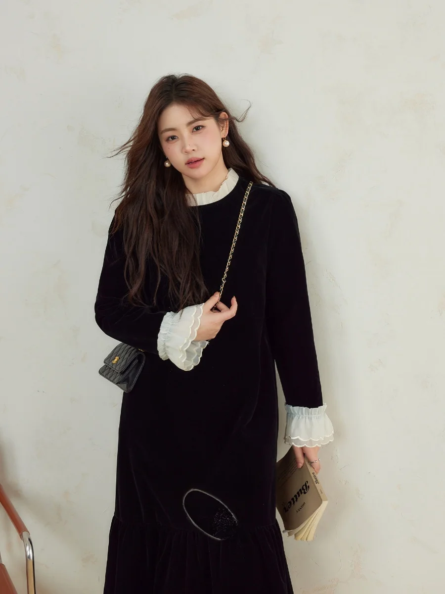 

plus Size Long Sve Velvet Dr Women's Sle Commute Korean Loose Fit Lace Splicing Polyester Fiber Spring Season Midi Dr