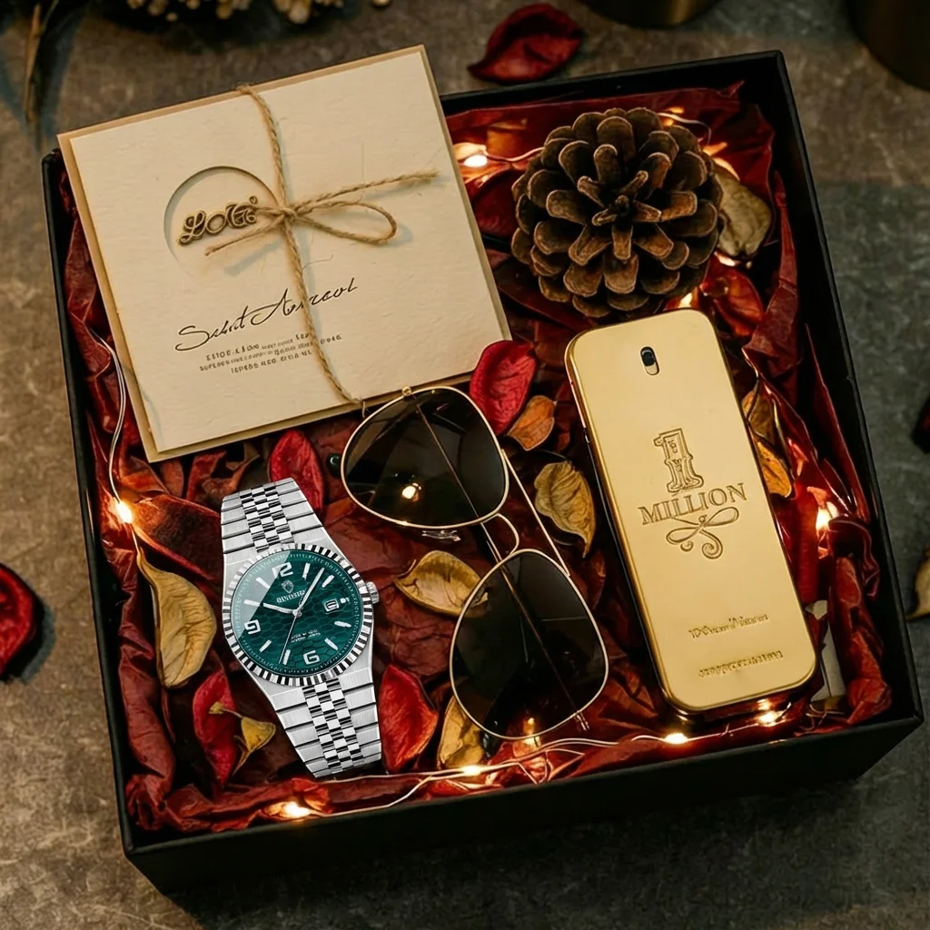 4pcs Men's Green Honeycomb Stainless Steel Classic Elegant Striped Bezel Sunglasses Perfume Quartz Watch Gift Box Set