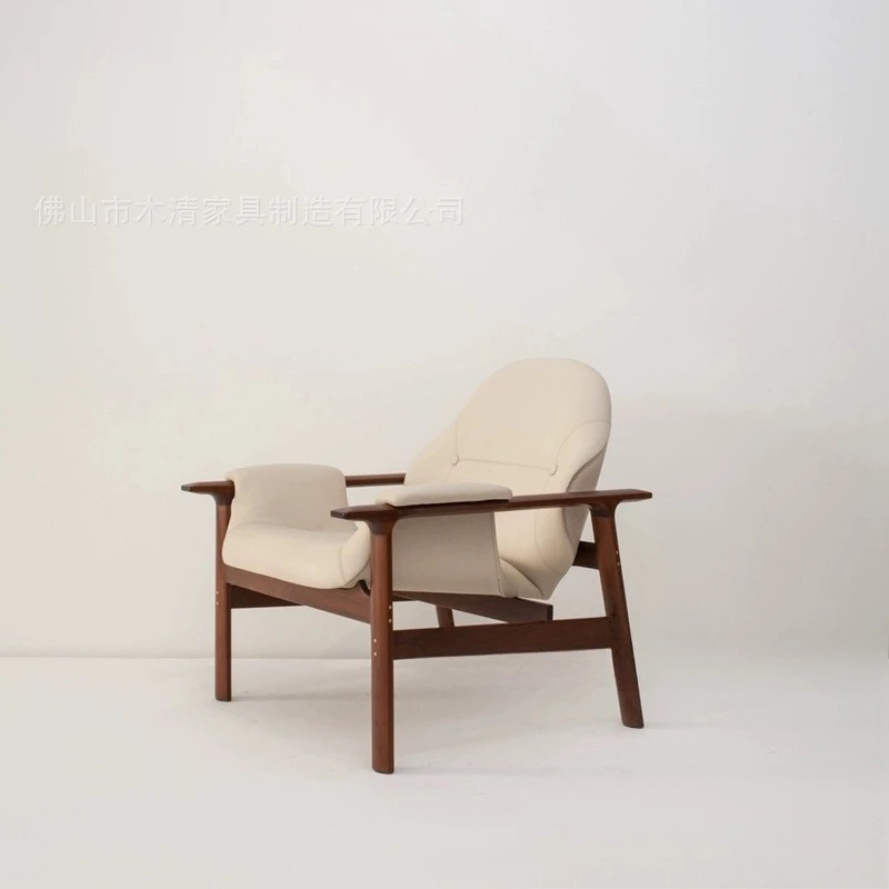 Nordic solid wood armrest sofa chair designer living room white cream wind microfiber leather ash wood single chair