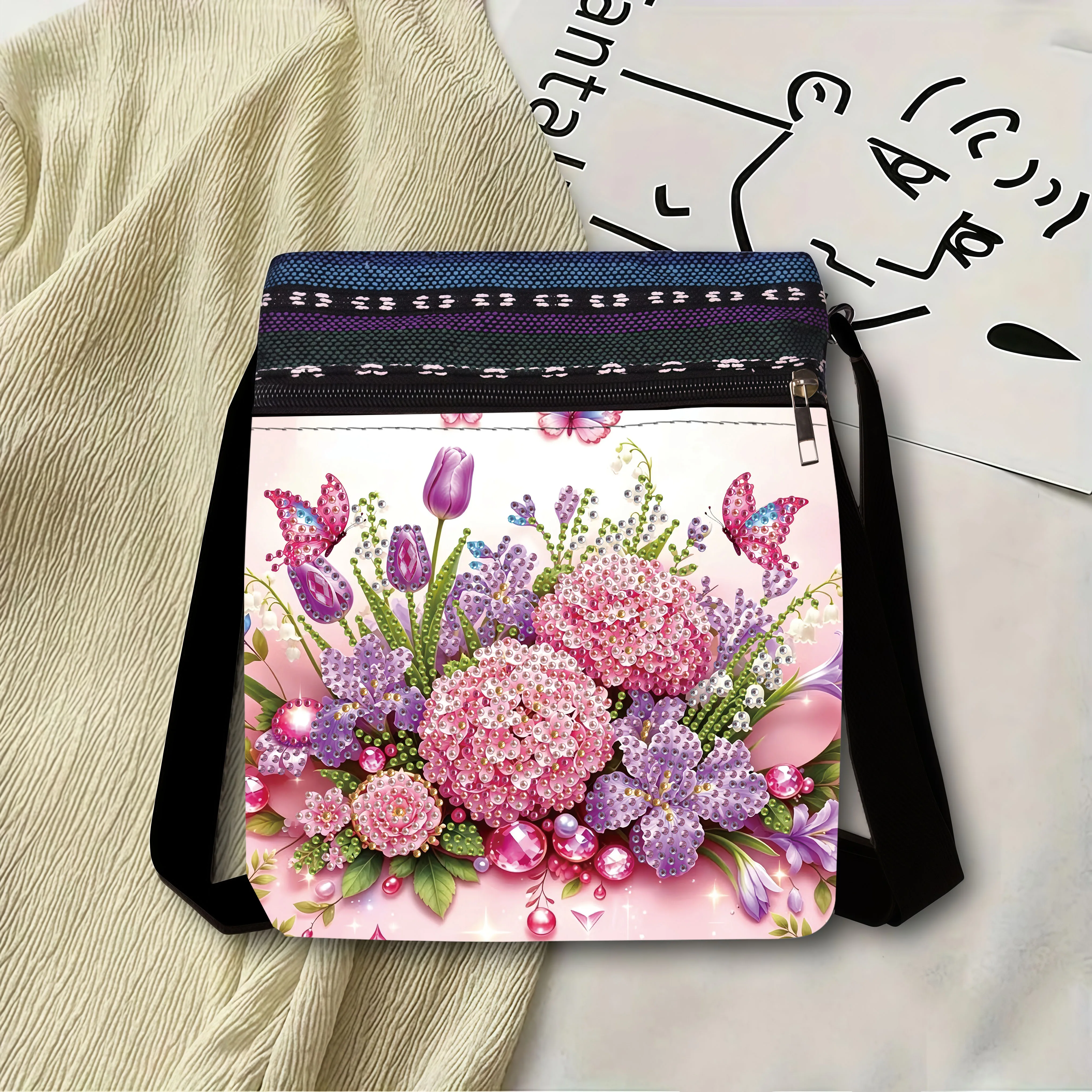 1 Piece Diamond Painting Kit, Messenger Bag, Flower and Butterfly Pattern, Canvas Material, Suitable for Daily Necessities Stora