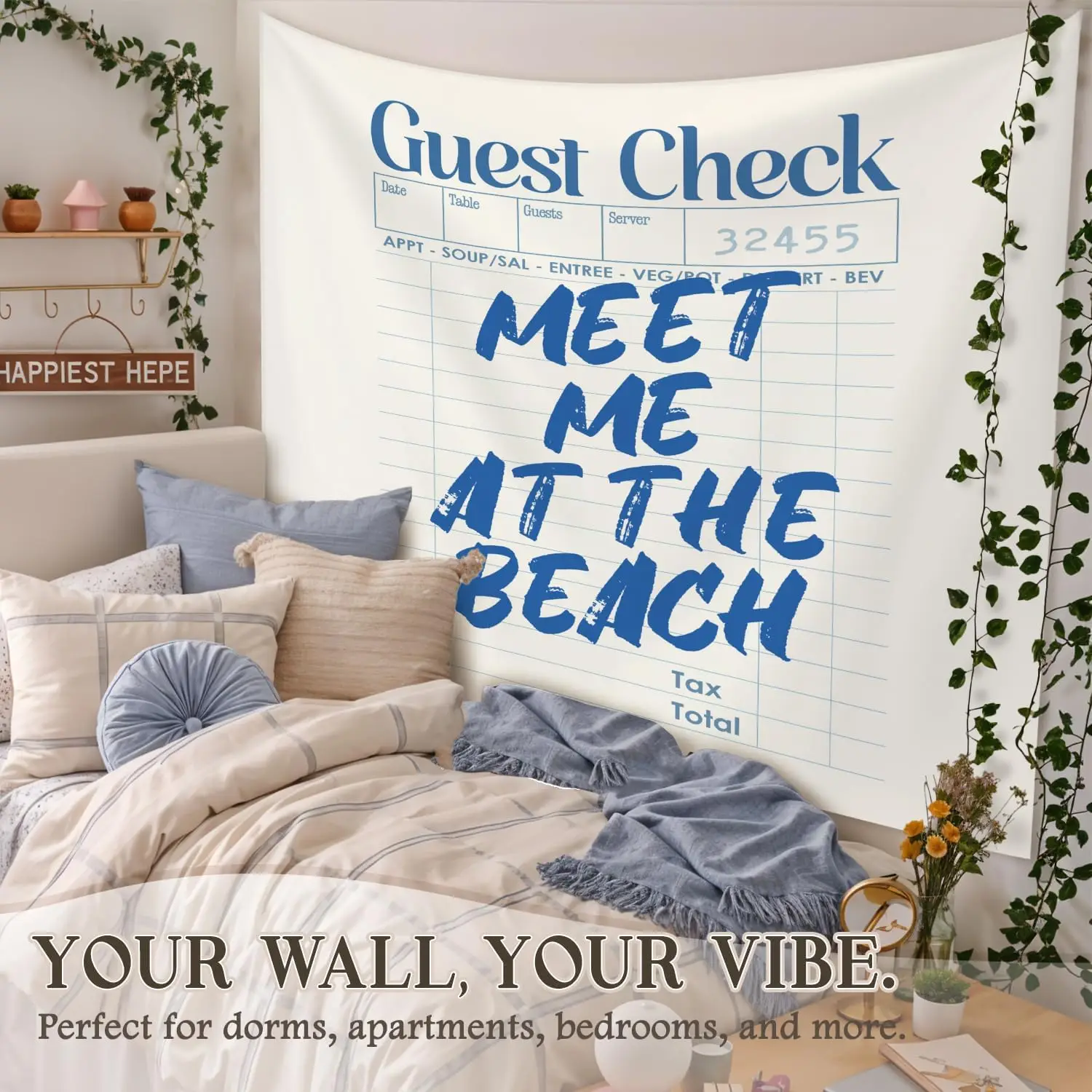 Beach Vacation Guest Check Tapestry Wall Hanging Decor Retro Summer Nautical Theme Polyester Banner for Coastal Party Room Decor