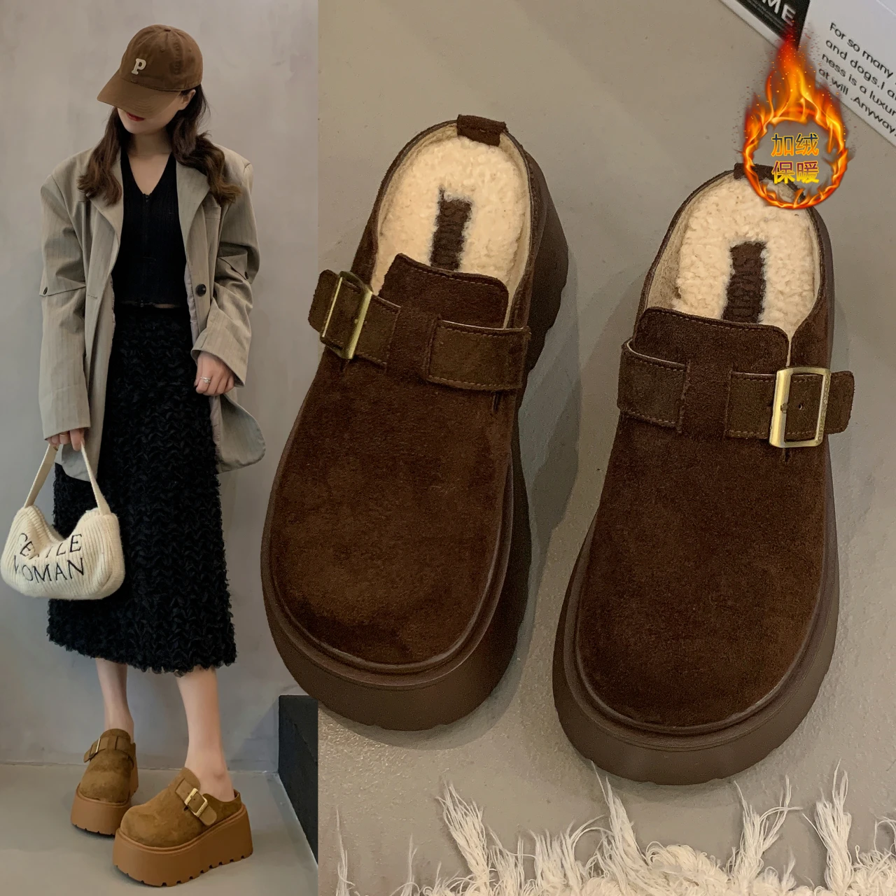 

Женские модные меховые тапочки-мулы 2026, теплые туфли на толстой подошве с закрытым носком на флисовой подкладке для осени и зимы на открытом воздухе