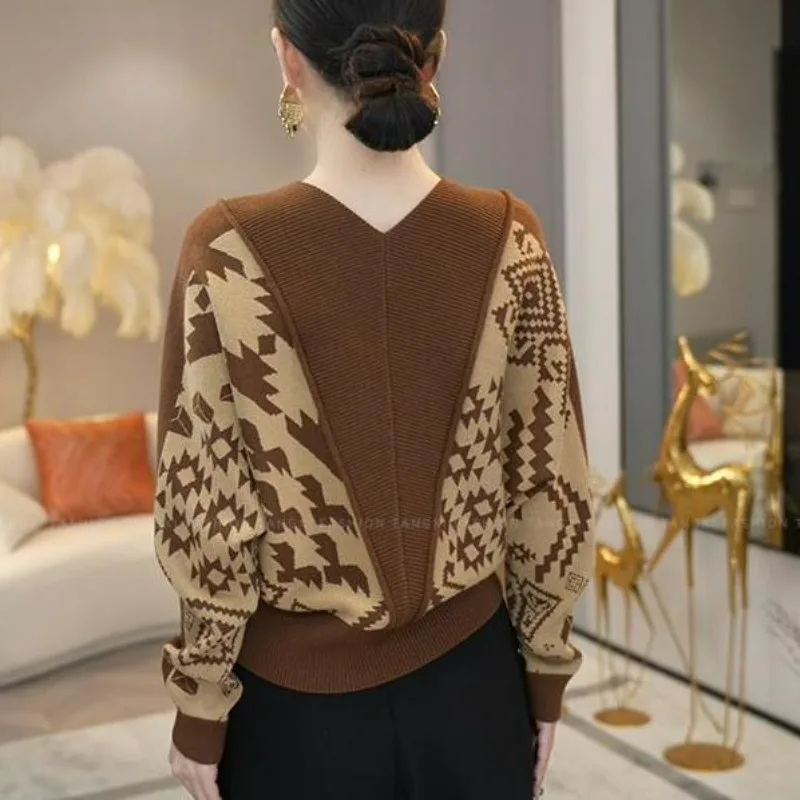 Women\'s Stylish Vintage Elegant Patchwork Knitted Sweater Autumn Winter Ladies V Neck Long Sleeve Pullovers Casual Loose Jumper