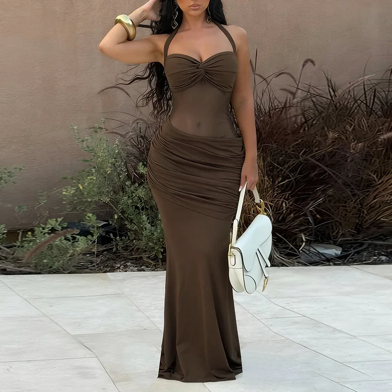 サマーワンピース　新作　スリムフィット　ロング丈　ネックメッシュ切り替え　スリムフィット　フィッシュテールスカート