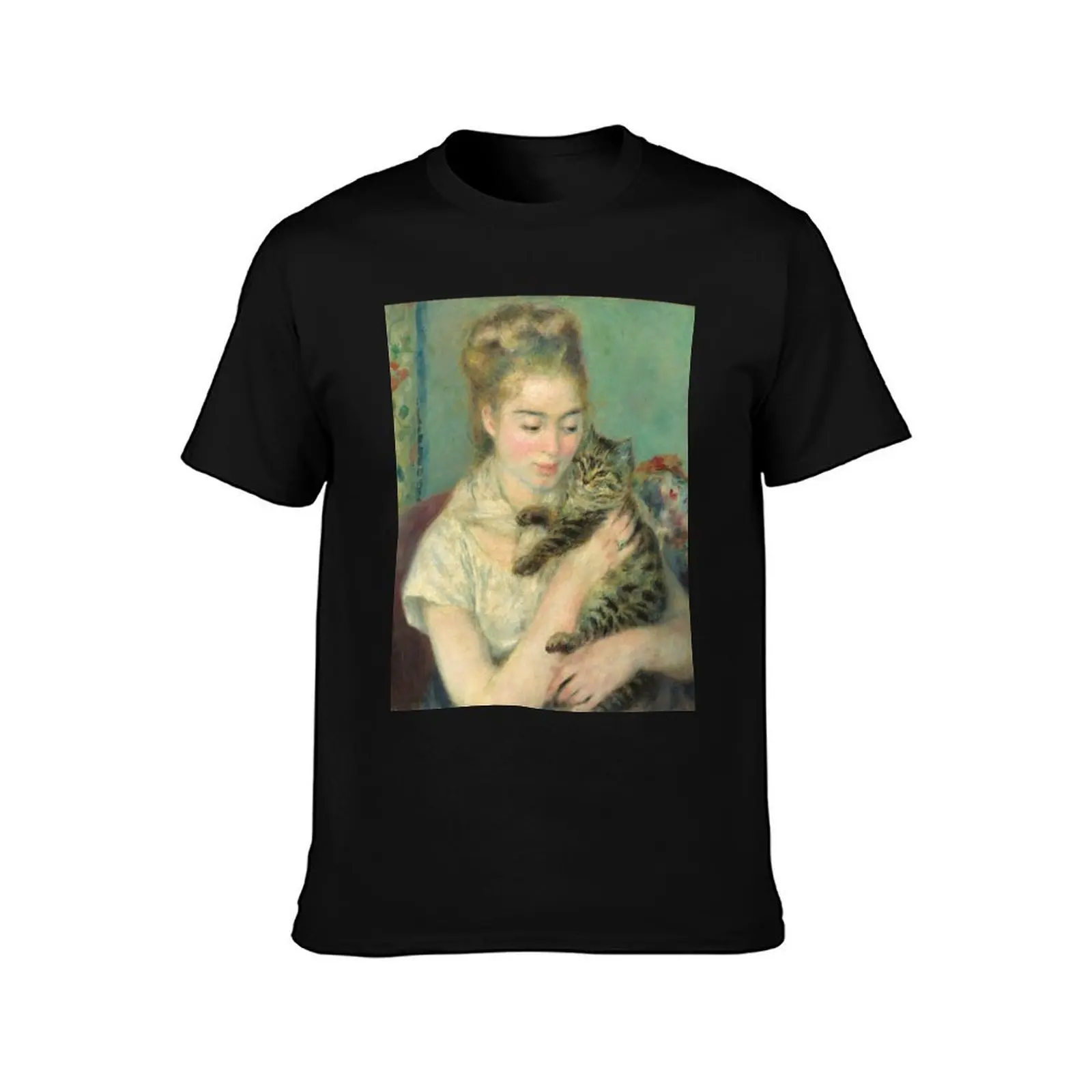 Auguste Renoir, Woman with a Cat, 1875 Painting T-Shirt tops baggy shirts Men's cotton t-shirt