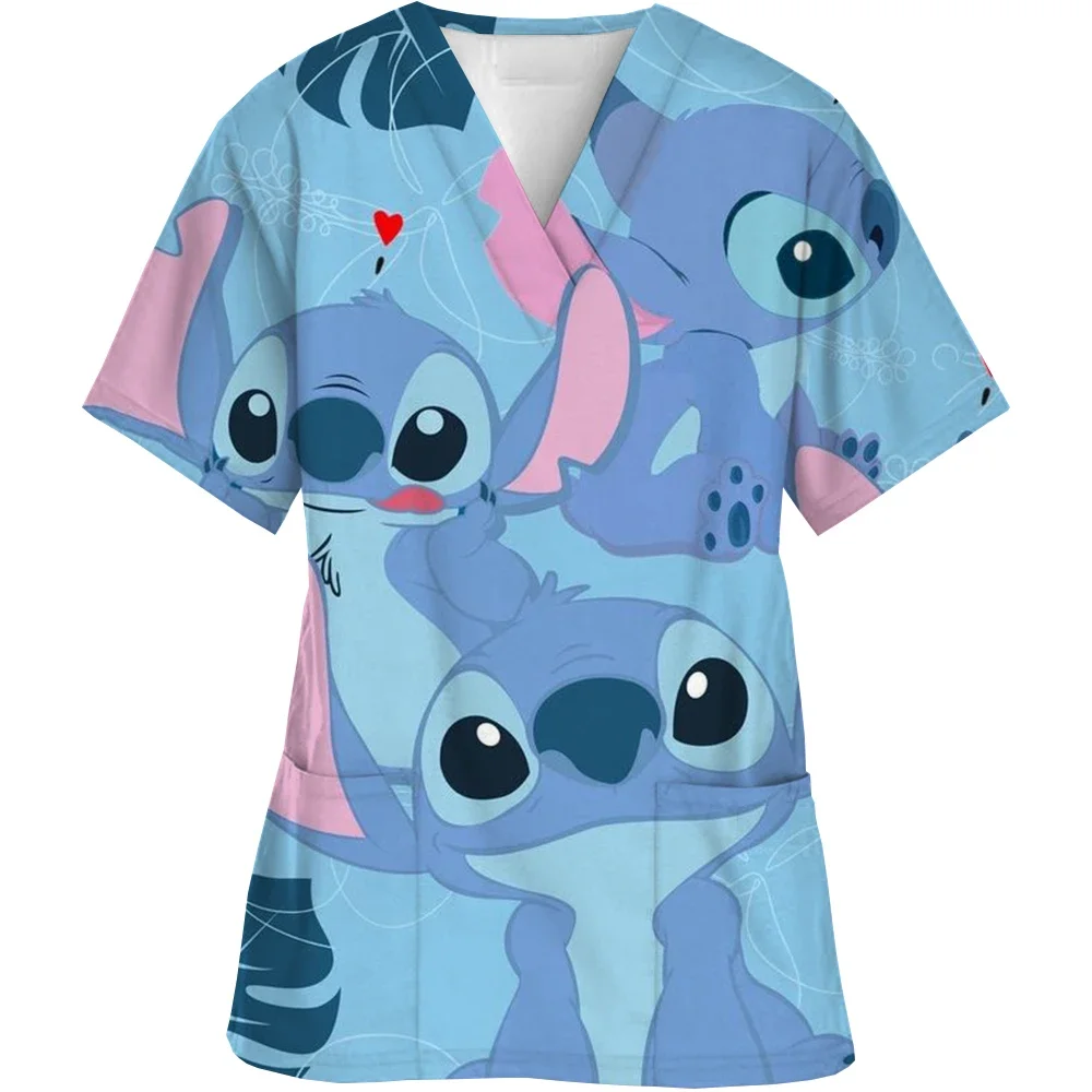 Miniso Nurse Uniform Tops V Neck T Shirt Disney Stitch Hospital Woman Clothes Pocket Top Women 2024 Summer Shirts T-shirts Tees