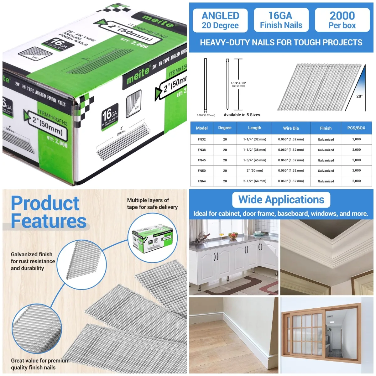 

16 Gauge 2-Inch 20° Galvanized Finish Nails, 2,000 PCS for Pneumatic/Electric Nailer – Ideal for Trim & Cabinets
