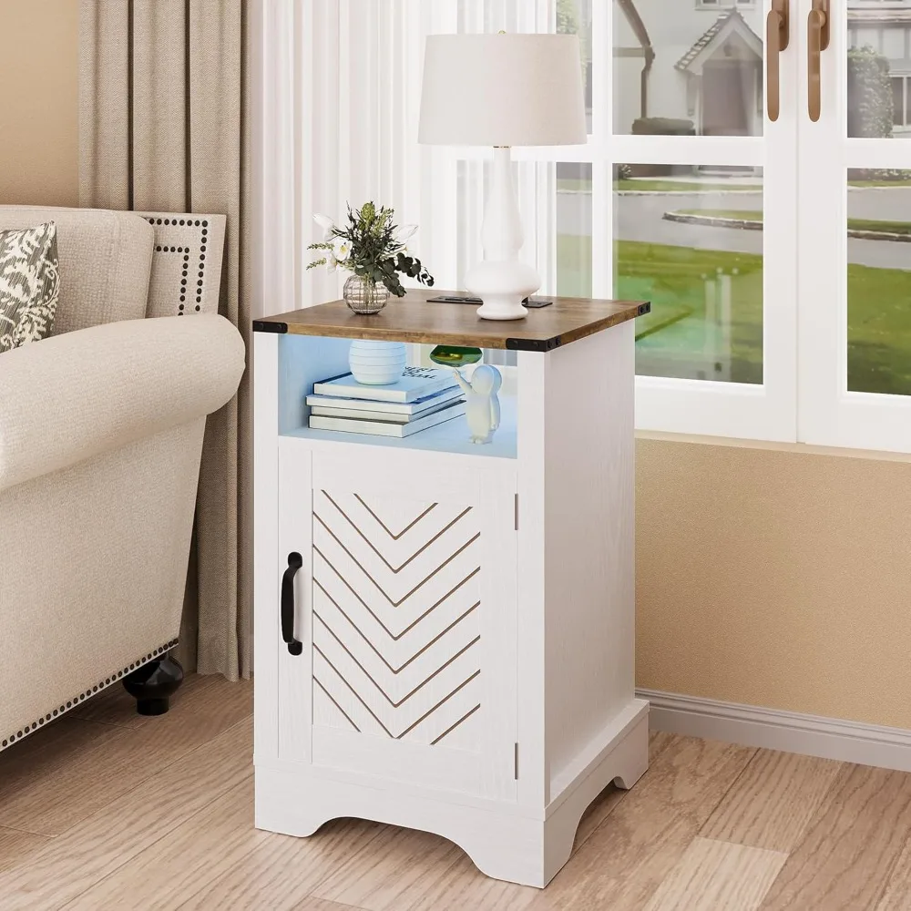 

Farmhouse LED Nightstand with Charging Station, Tall Nightstand with Led Lights, Wooden Rustic Side Table for Bedroom, White En