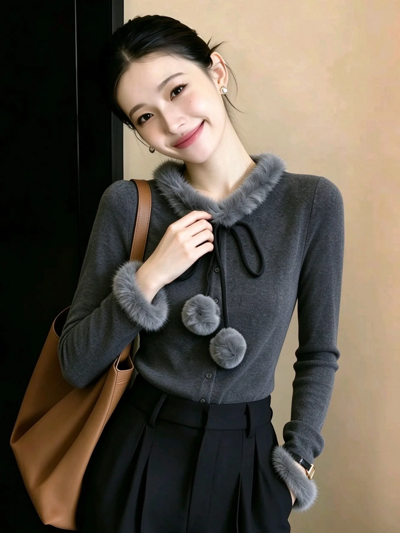 Women's Long Sleeve Knitted Sweater with Belt Fur Collar Slim Fit Autumn Winter Fashion Casual Style Ball  Knot Top