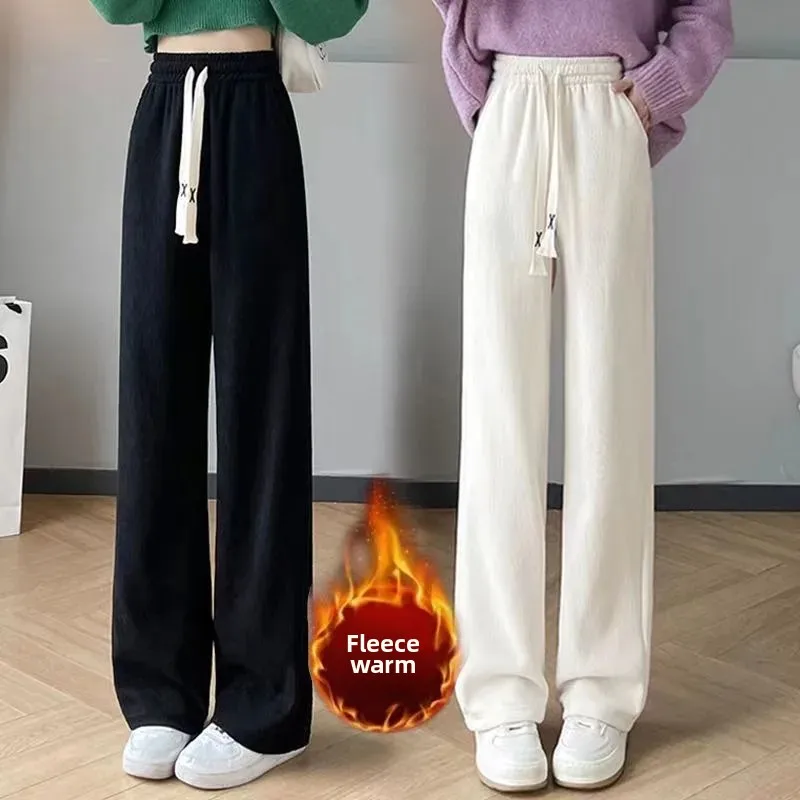 Calças femininas de cintura alta perna larga primavera outono inverno velo forrado grosso em linha reta drapey solto ajuste calças esportivas