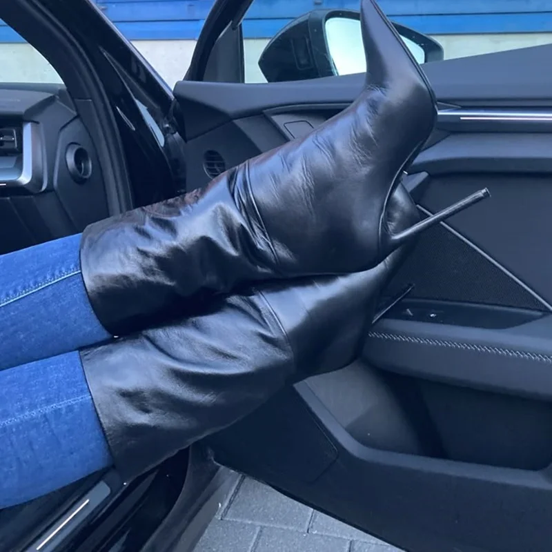 

Black Knee High Matte Leather Boots Thin High Heel Pointed Toe Fashion Sexy 2025 Winter Big Size Woman Shoes Zapatillas Mujer