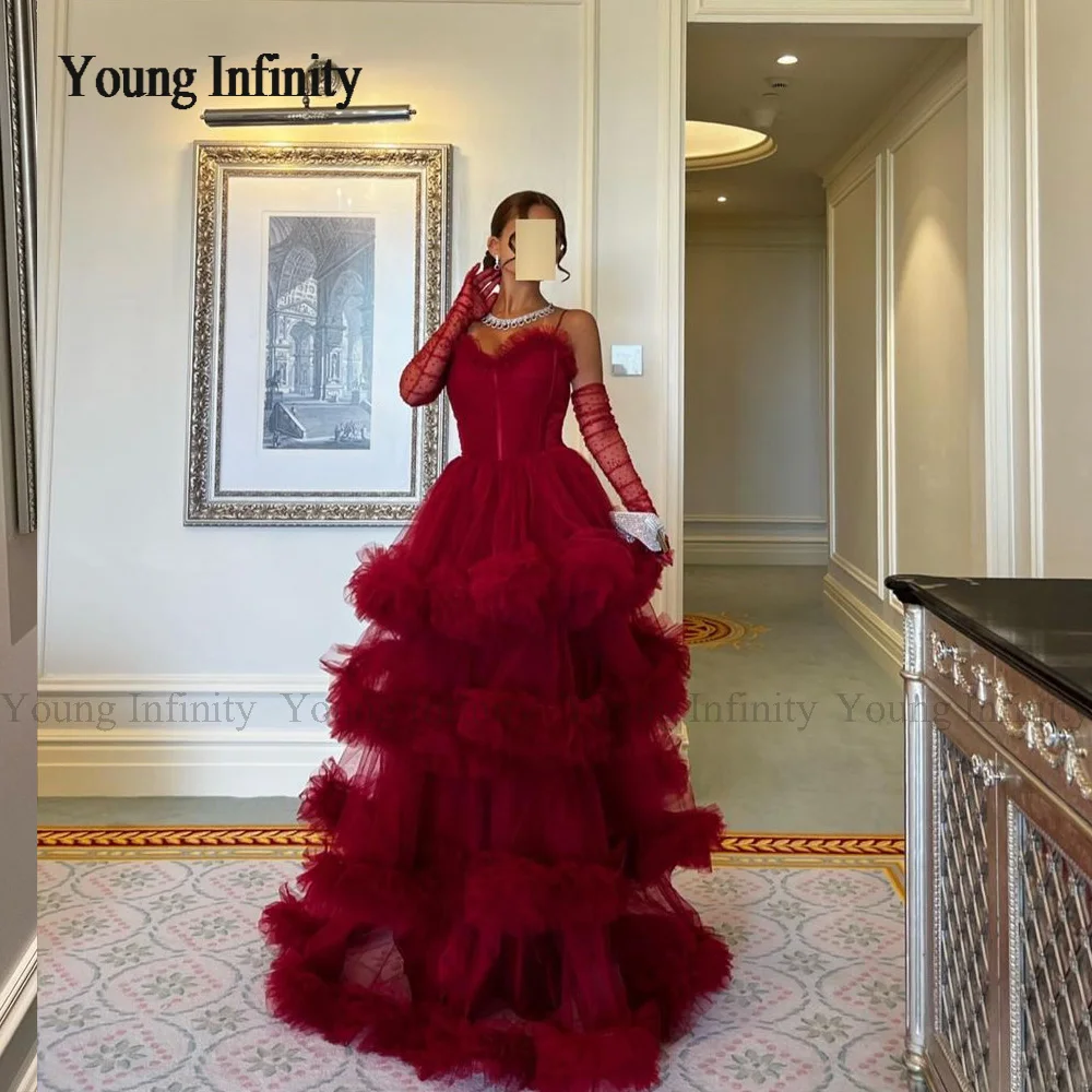 In Fashion Strapless Wine Red A Line Prom Dress 2024 Layers Ruffle Woman Long Evening Party Gown Saudi Arabia Custom Made Lady