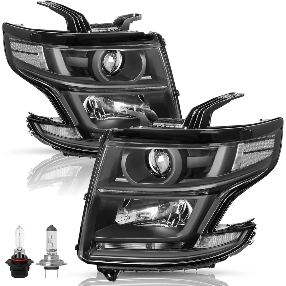 

Светодиодные проекционные фары DRL, совместимые с Chevrolet Tahoe Suburban 2015-2020 годов выпуска, галогенные фары с лампами, черный корпус, прозрачные.