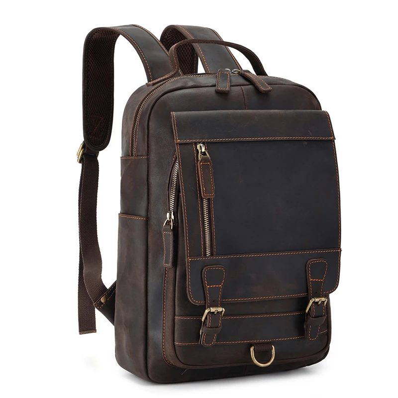 

High Quality Vintage Brown Top Grain Genuine Crazy Horse Leather A4 14 15.6'' Laptop Women Men Backpack Cowhide Travel Bag M6588