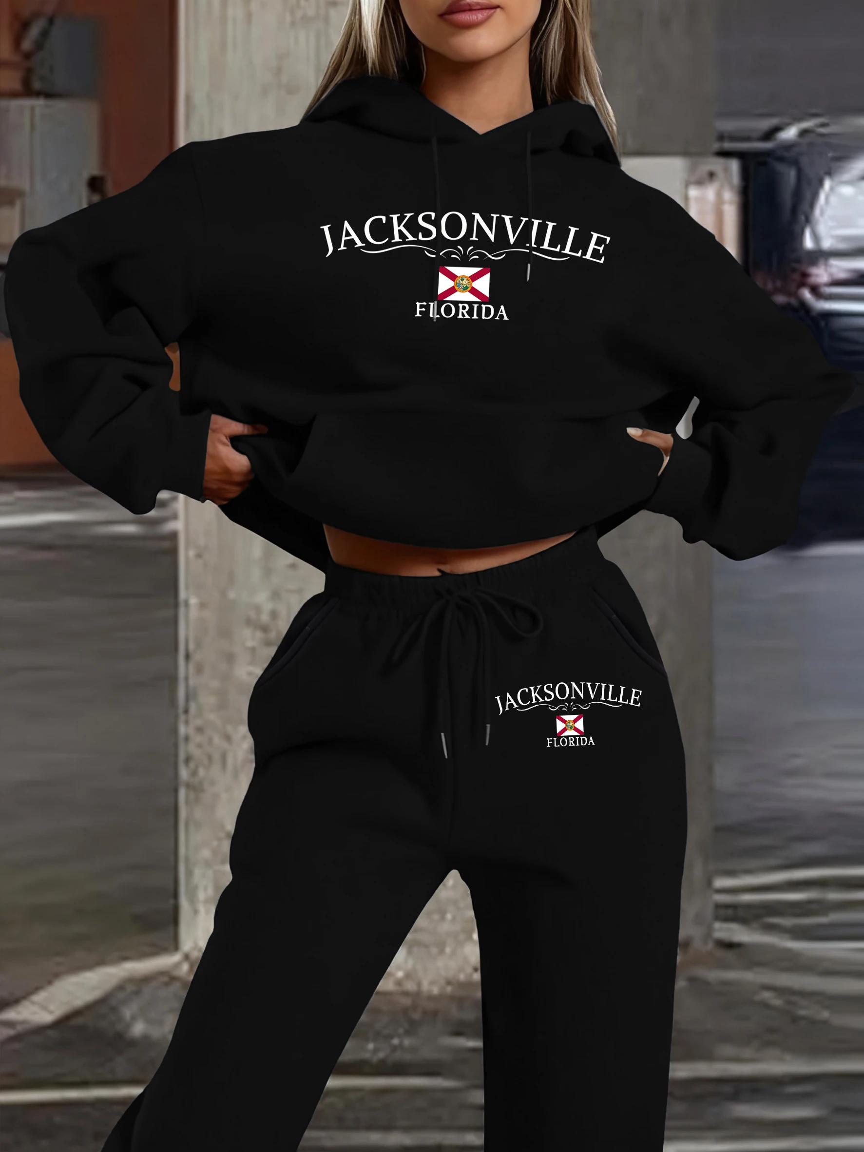 Jacksonvittle Florida Letter Print Jogging Hoody 2 Piece Set Women Fleece Street Sweatshirt Casual Autumn Pants Pocket Soft Suit - Image 2