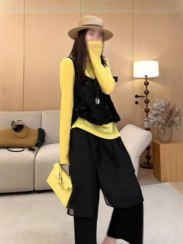 

Spring 2026 Women's Fashion Set Yellow Inner Black Vest Casual Pants Three-piece Suit Comfortable Knitted Loose Fit High Waist