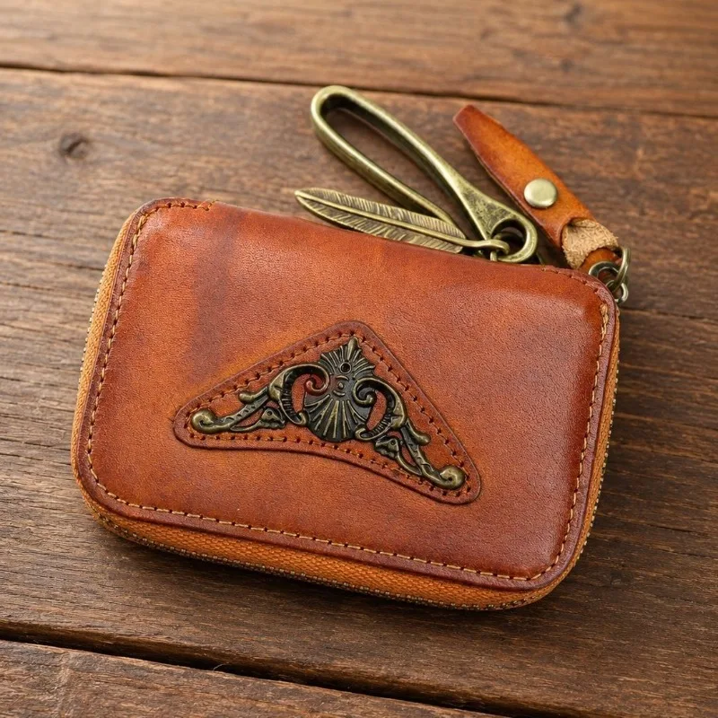 Brand Genuine Leather Key Case for Men, Vintage Cowhide Zipper Key Wallet with 6 Keys Hooks, Car Key Fob Holder with Coin Pocket