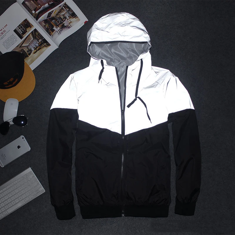 Men's Patchwork Night Reflective Jacket Casual Waterproof Windbreaker Party Dancer Hip Hop High Quality Coat Male Trend Brand