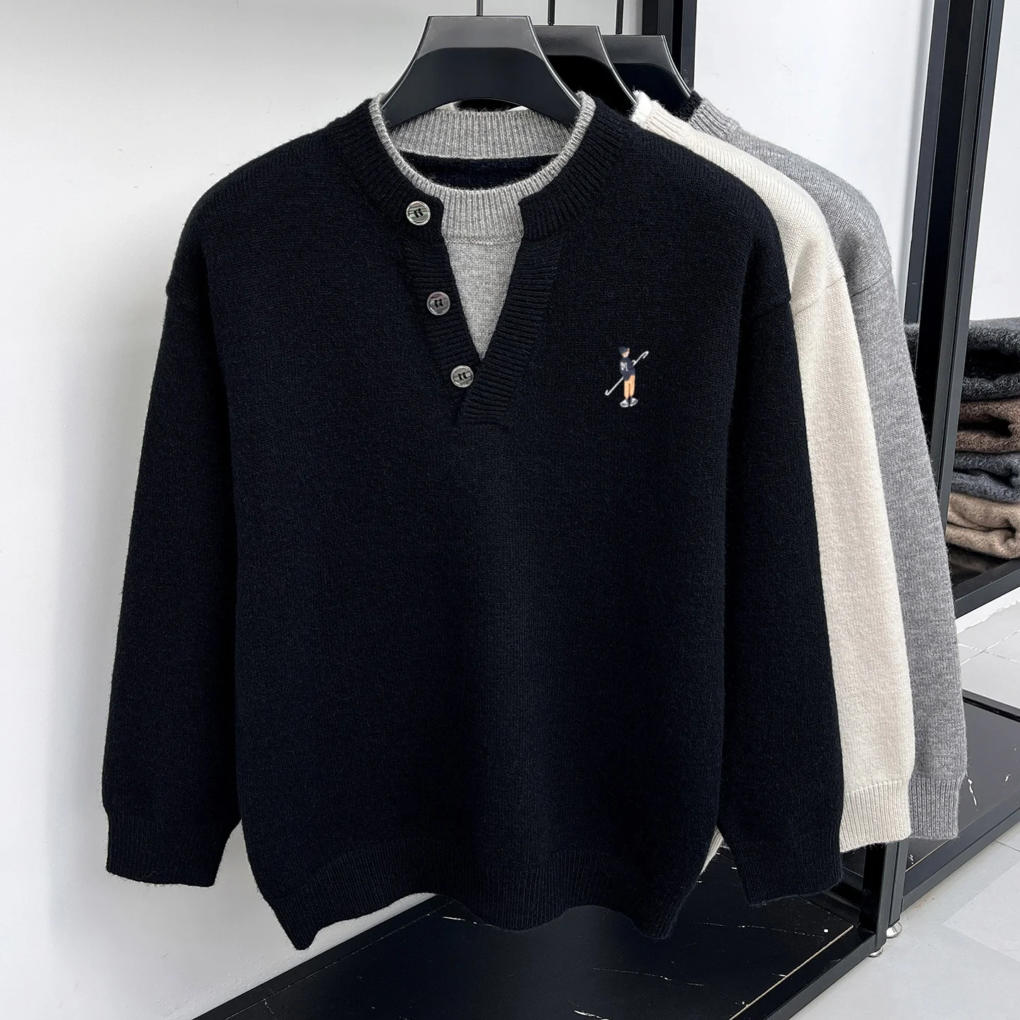 High end Brand fake two-piece knitted sweater men's new fashion exquisite embroidered comfort warm casual round neck pullover