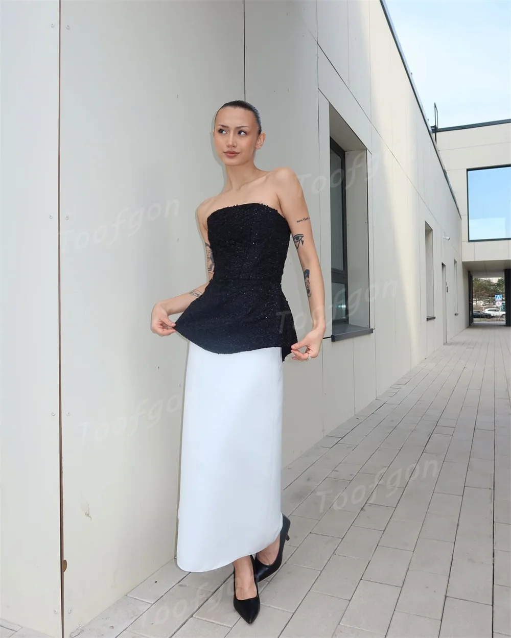 Toofgon Customized Sequined Black White Evening Dresses Strapless Ankle Length Shiny Prom Gowns Special Occasion Party Dress