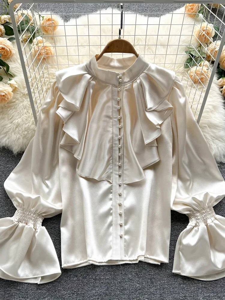 AltGoth Fairycore Elegant Satin Loose Shirt Long Flared Sleeves Ruffles O-Neck Beading Women Gentle Office Lady Casual Blouse