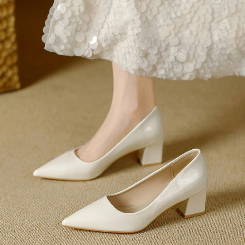 Square Heel Patent Leather Shoes Women PumpsSole Work Pointed Toe