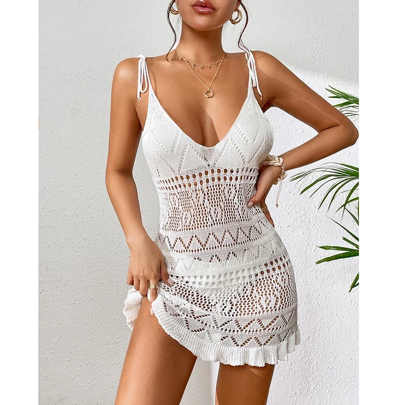 DGTQ Abito senza maniche in tinta unita con scollo all'americana Donna Vacanza estiva Bikini lavorato a maglia Cover Up Abiti da spiaggia alla moda senza schienale Abbigliamento da spiaggia