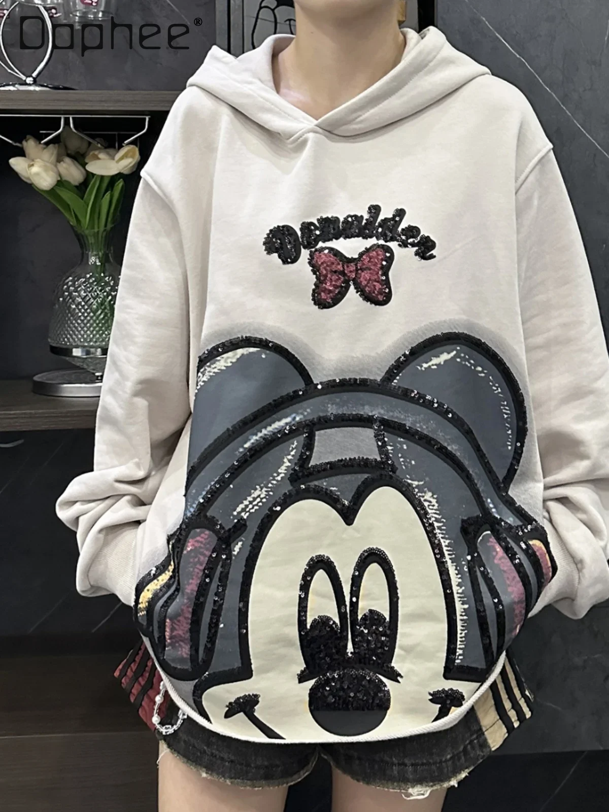 Autumn New Heavy Industry Sequin Printing Cartoon Bow Hooded Sweatshirts Women Loose Long Sleeve Pullover Top Kawaii Clothes