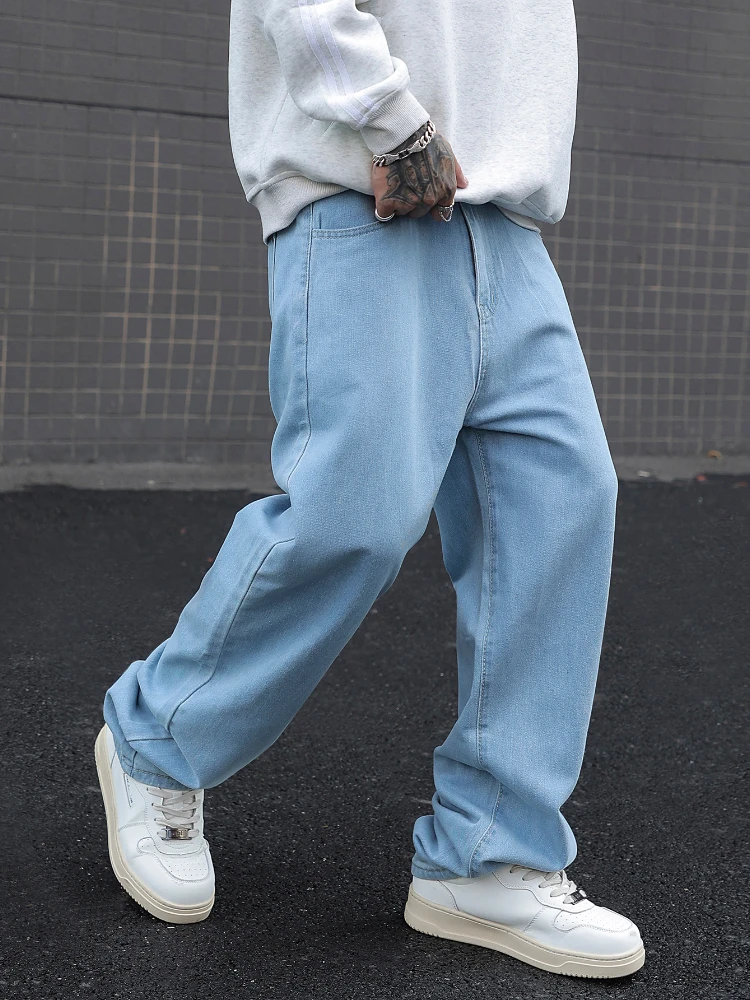 New Men's Cotton Baggy Y2K Jeans Fashion Male Clothes Elastic Waist Washed Wide Leg Pants Solid Straight Loose Denim Trousers