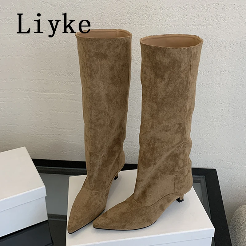Liyke 2026 New Sexy Pointed Toe Knee High Boots Women Autumn Winter Low Thin Heels Pumps Cozy Ladies Party Long Shoes Size 35-40