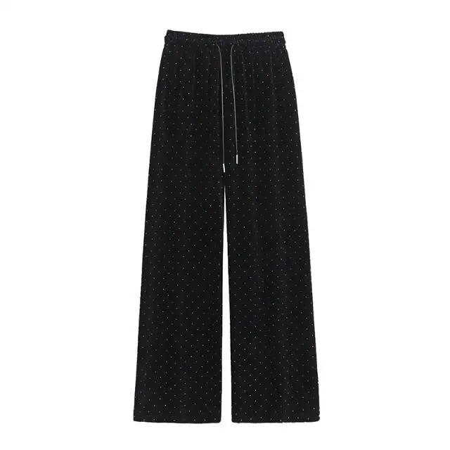 2026 Fall Women High Waist Rhinestone Velvet Wide Leg Pants Drape Straight Loose Casual Star Sweatpants New