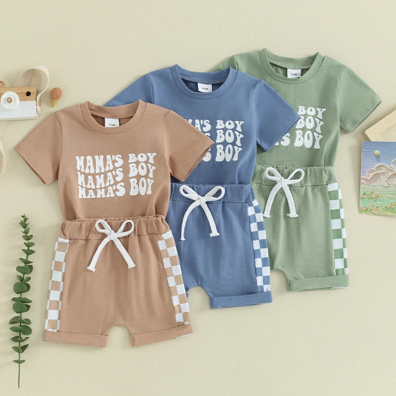 

Toddler Infant Baby Boys Summer Clothes Sets Short Sleeve Letter Print Tops and Checkerboard Print Drawstring Shorts Sets