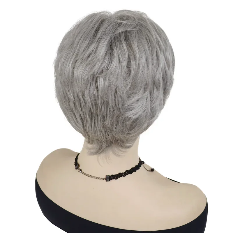 GNIMEGIL Synthetic Short Curly Hair Silver Grey Natural Wig with Bangs Pixie Cut Wig for Women Cosplay Elder Ladies Mommy Wig