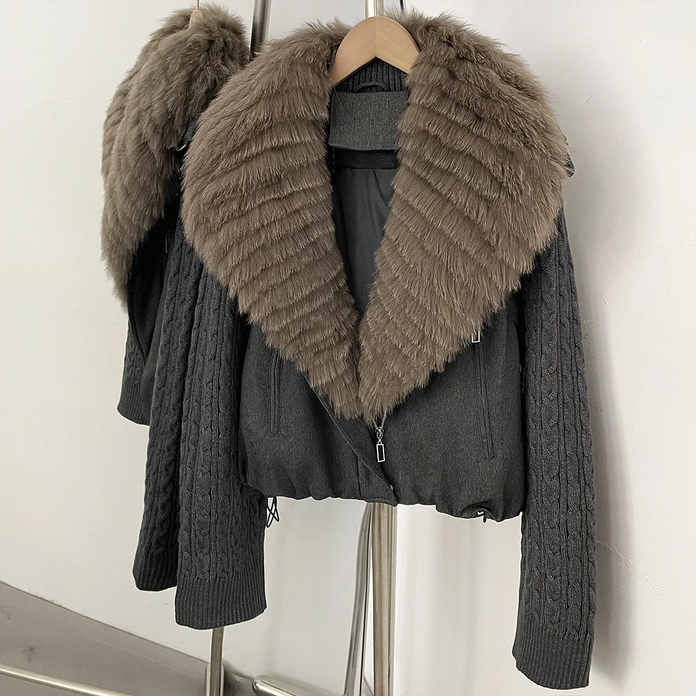 OFTBUY 90 Weiße Daunenjacke mit Zopfmuster-Ärmeln, Reißverschluss, Kordelzug am Saum, Kurzer Mantel für Damen, Winter, Echte Mehrschichtige Fuchspelzkragen – Detail 13