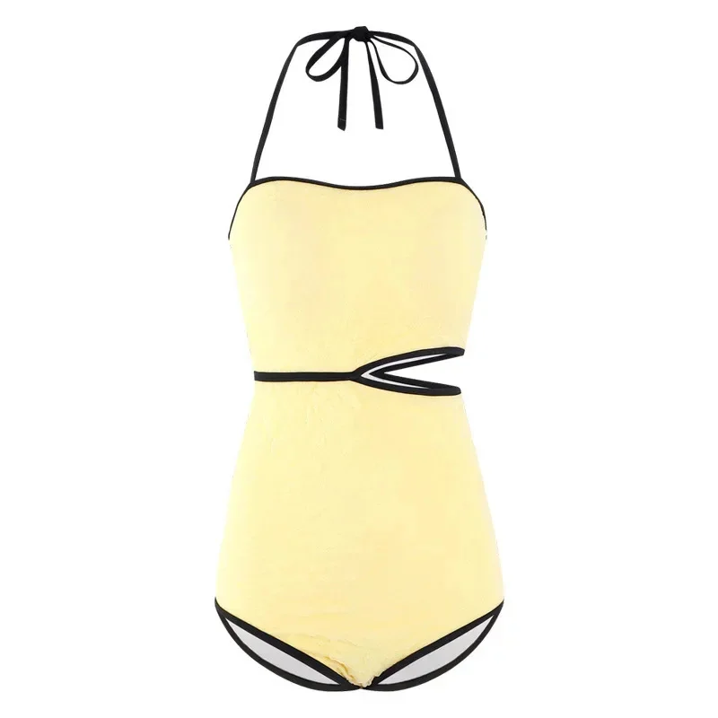 

2024 New Yellow One Piece Swimsuits Sexy Lace Up Hollow Out Swimwear Female Korean Casual Beachwear Solid Swimsuits For Women